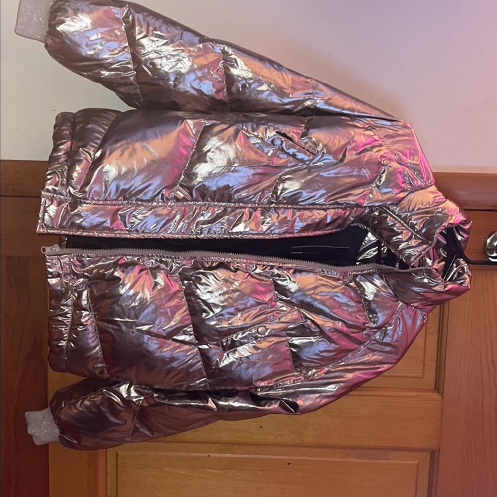 Metallic rose gold puffer coat